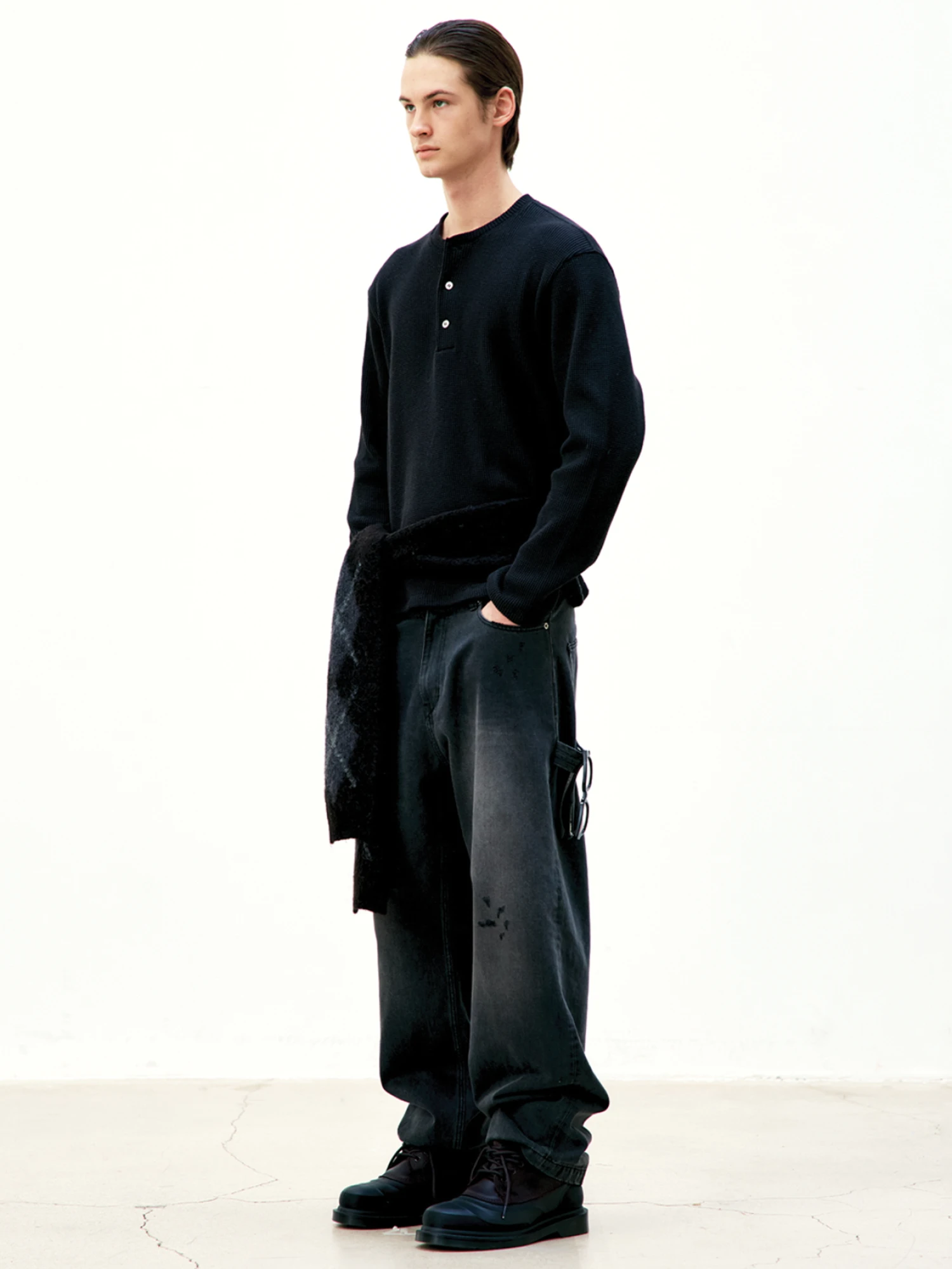 Лонгслив COOR Waffle Henry Neck Long Black