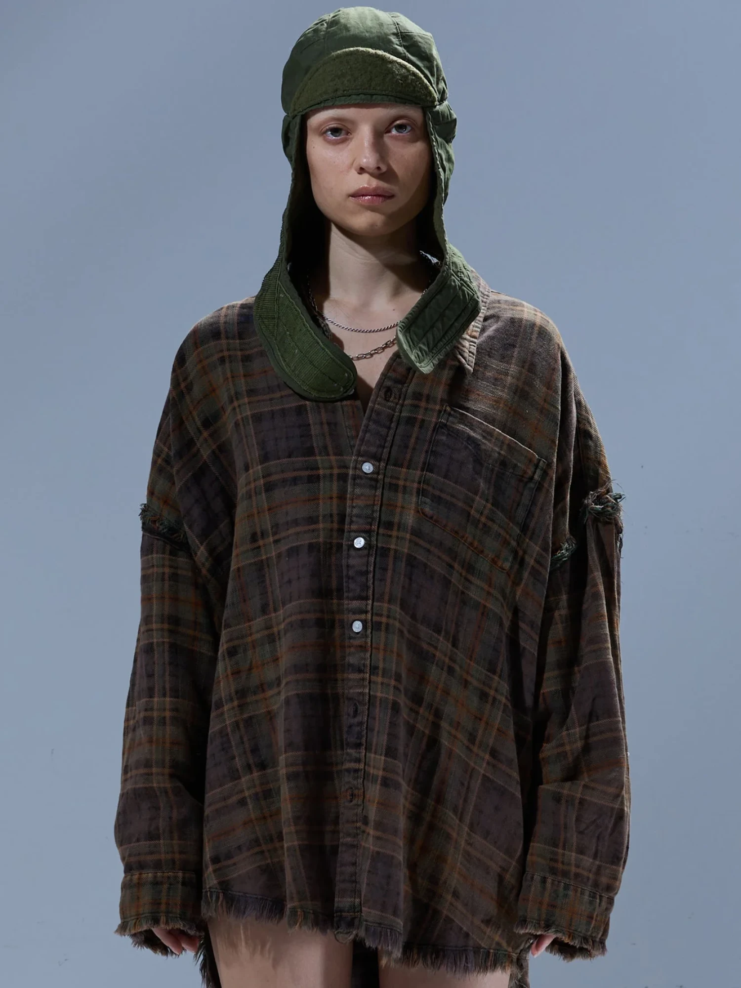 Женская рубашка R13 Shredded Seam Drop Neck Teal/Navy/Yellow Plaid