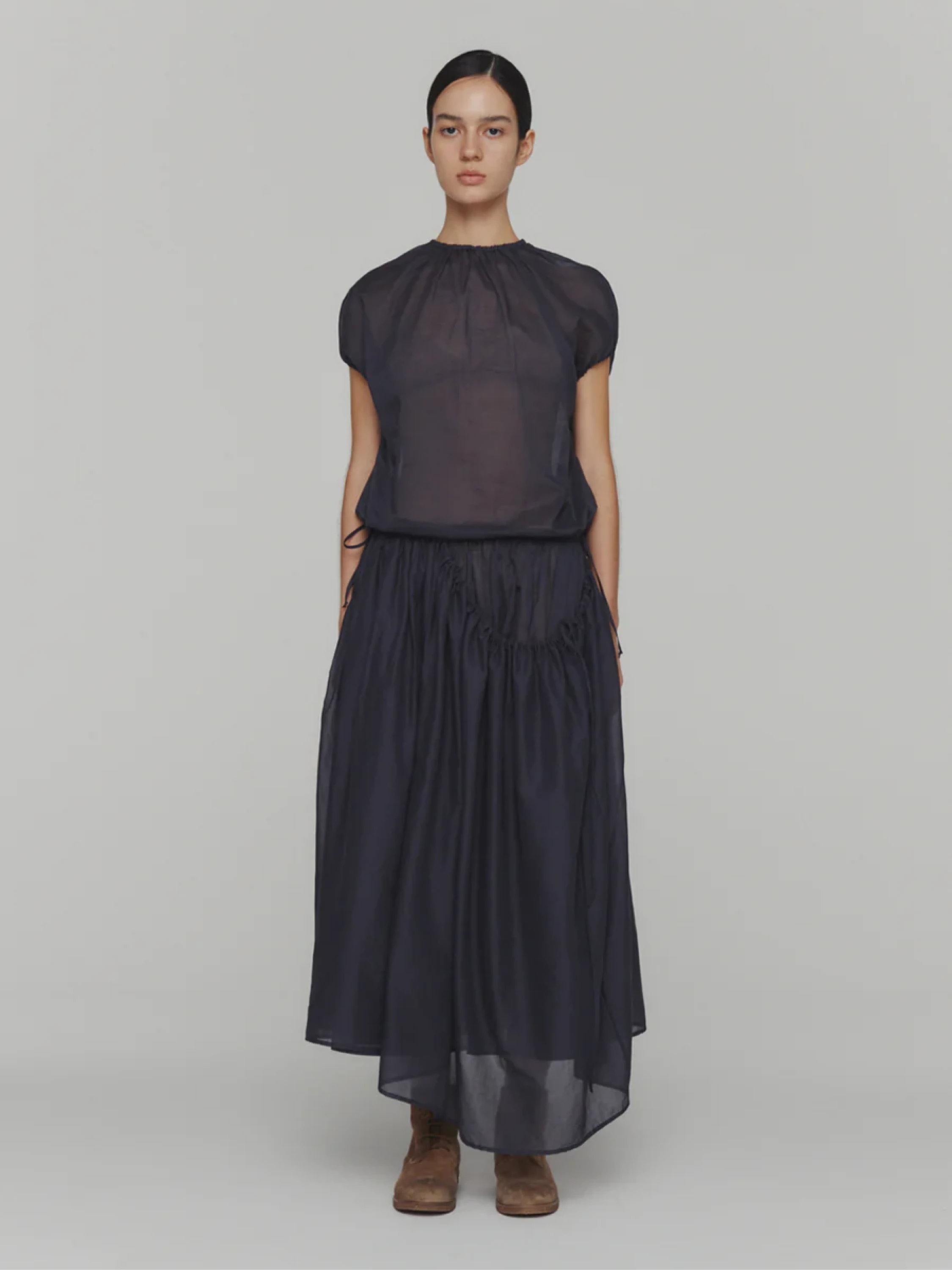 Женская юбка AMOMENTO Drawstring Sheer Shirring Skirt Navy