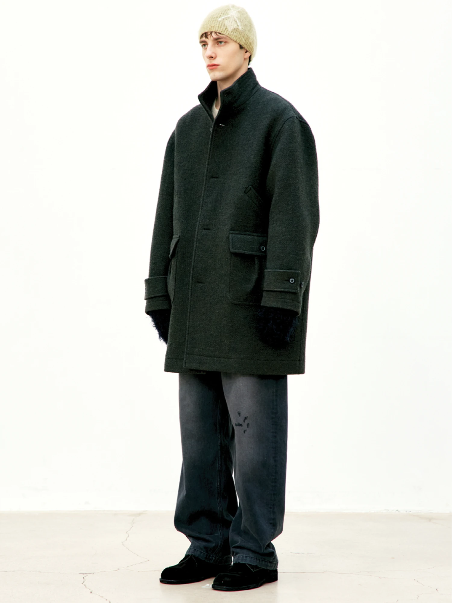 Пальто COOR Cashmere Blend Stand Collar Dark Green