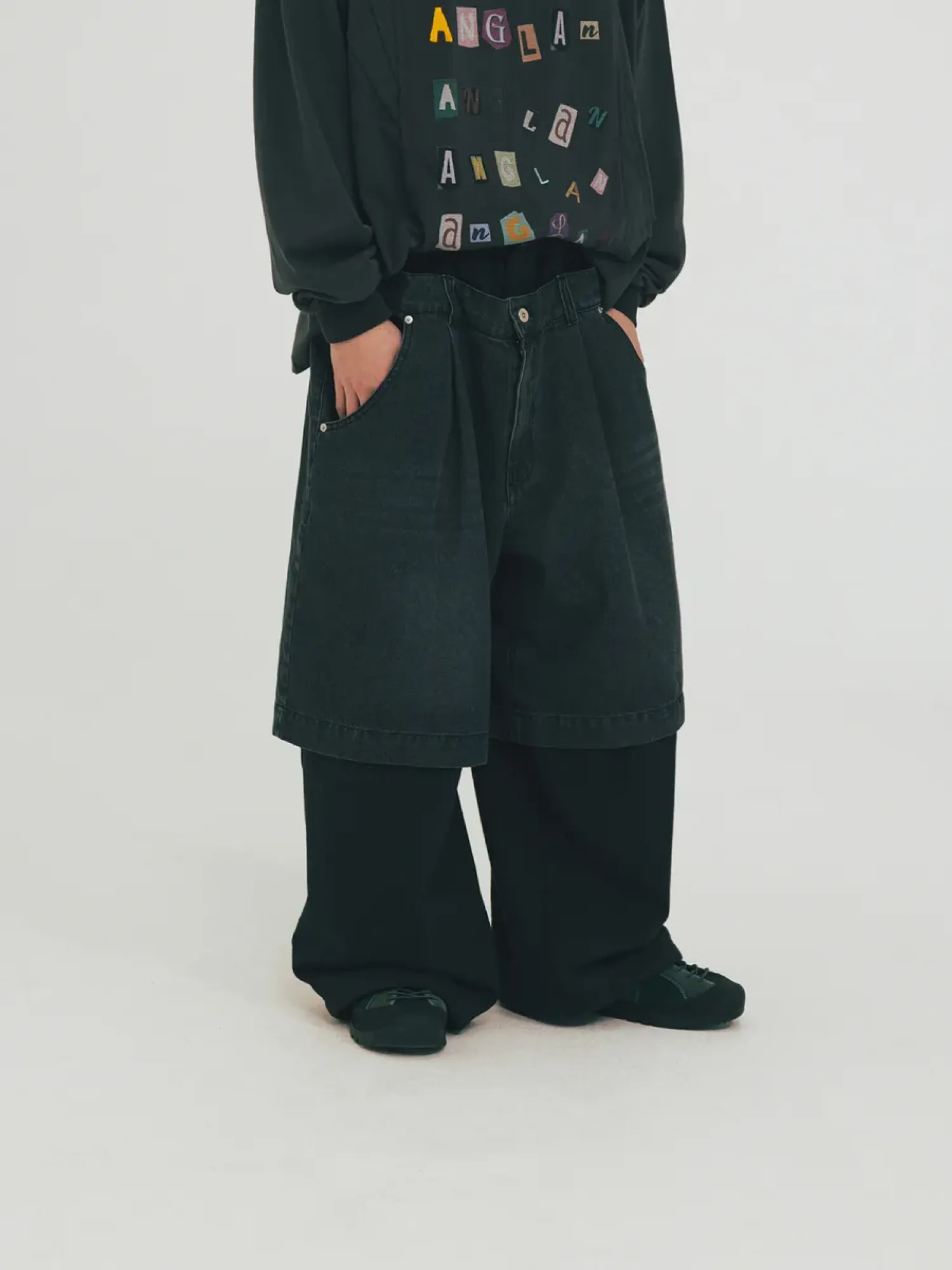 Брюки ANGLAN Denim Layered Sweat Pants Black