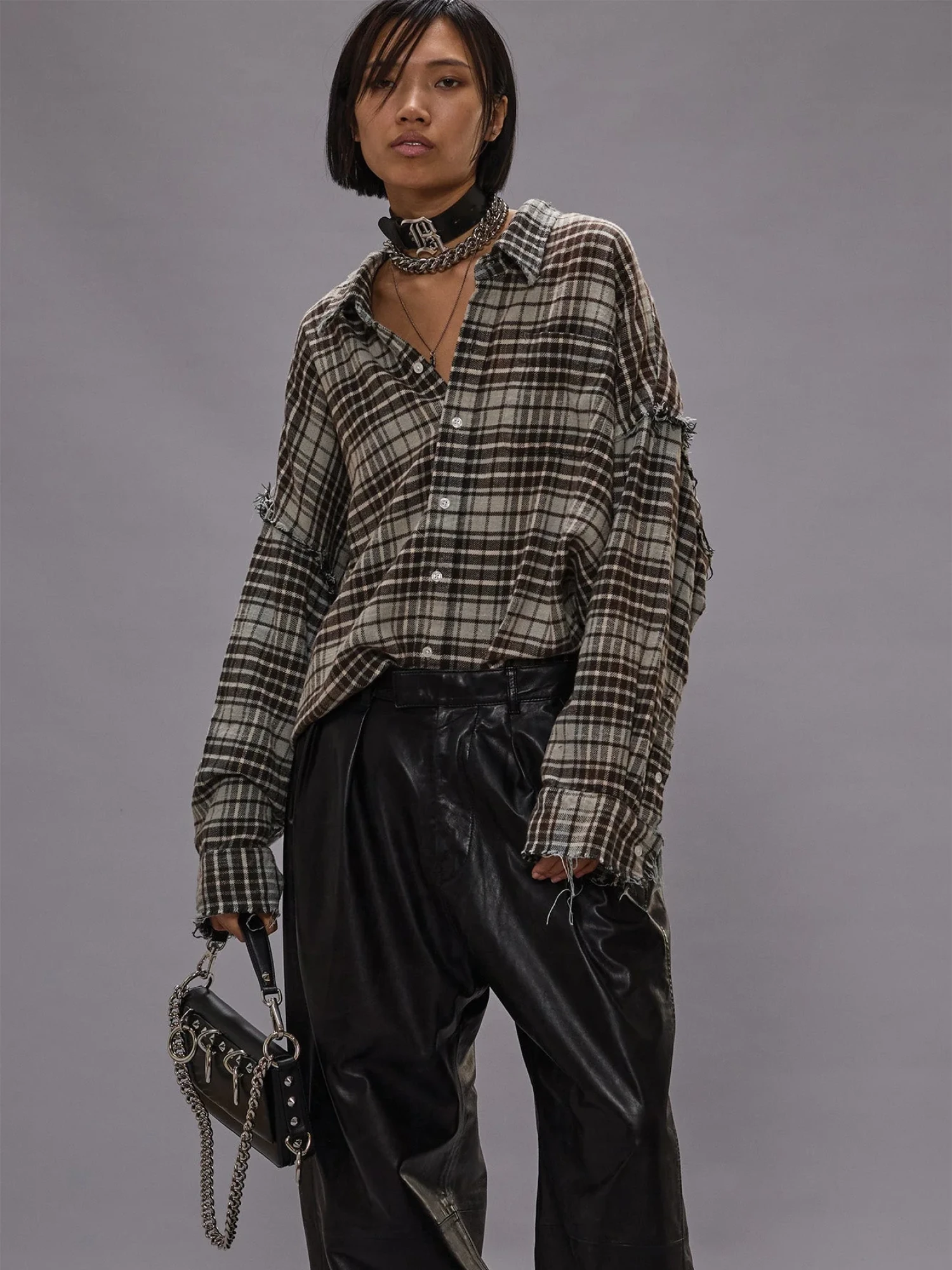 Рубашка R13 Shredded Seam Drop Neck Blue/Grey Plaid