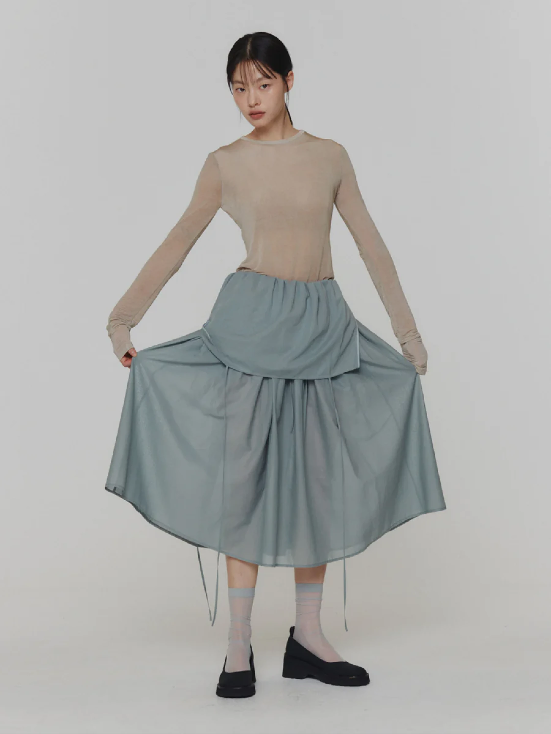 Женское платье AMOMENTO Sheer Shirring Long Dress Mint