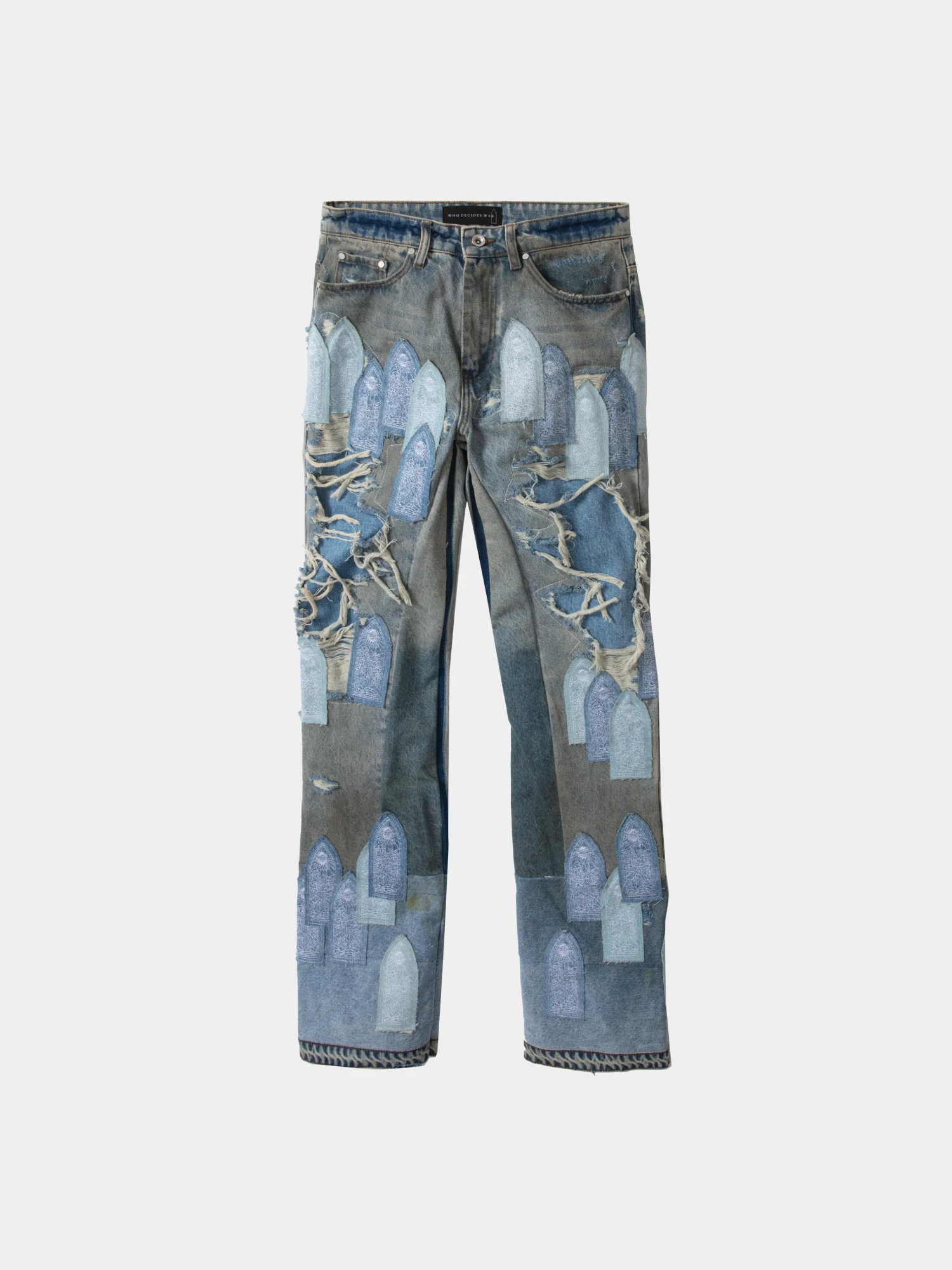 Джинсы WHO DECIDES WAR Patched Arch Repaired Blowout Denim
