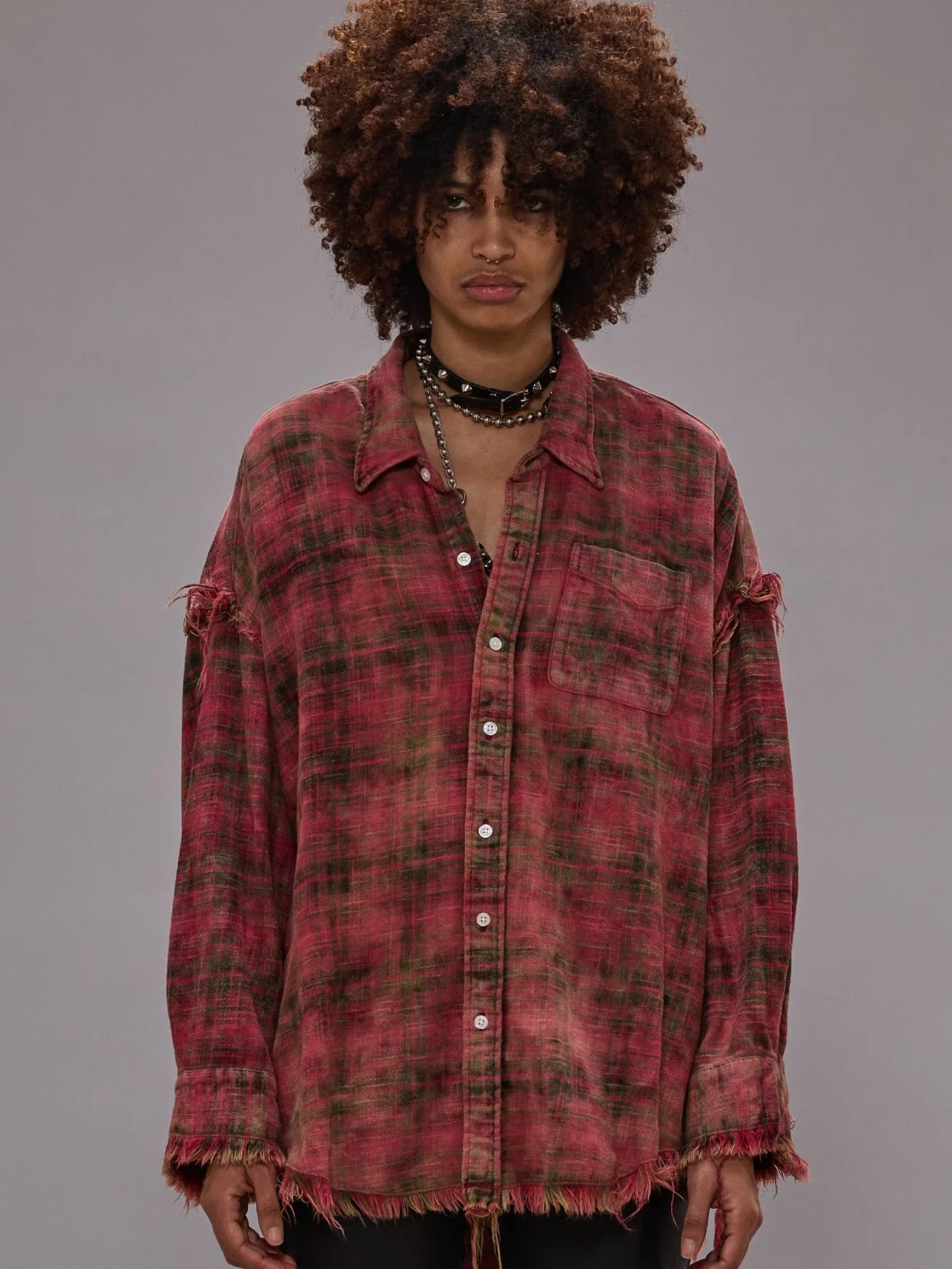 Женская Рубашка R13 Shredded Seam Drop Neck Red Plaid