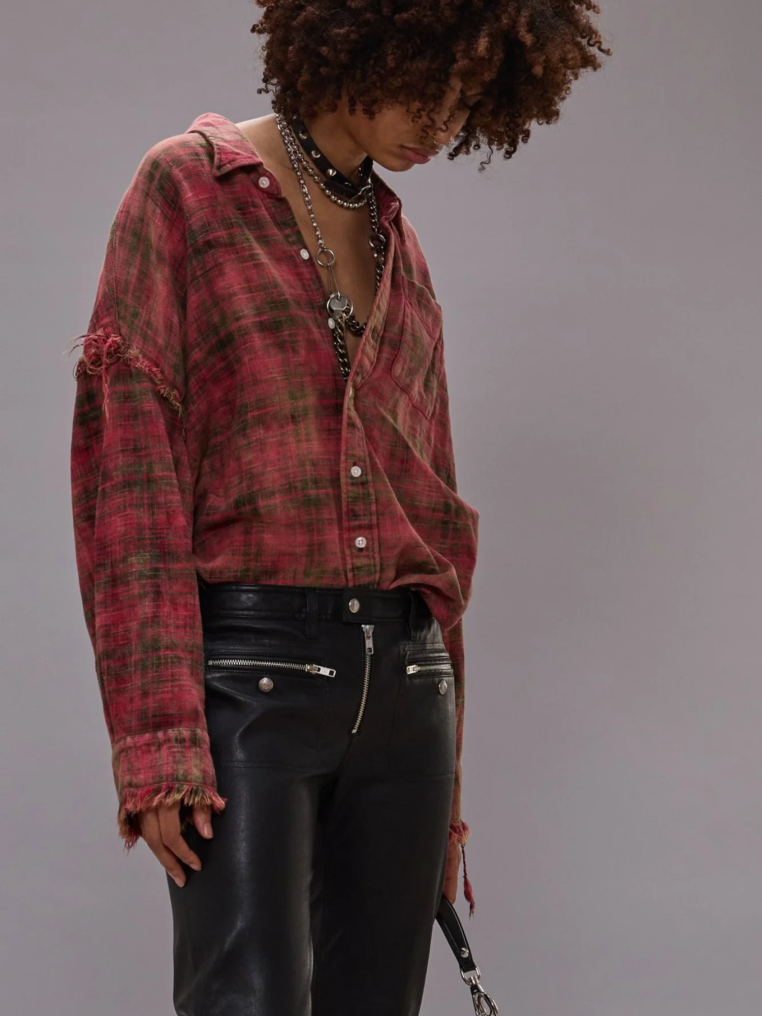 Женская Рубашка R13 Shredded Seam Drop Neck Red Plaid