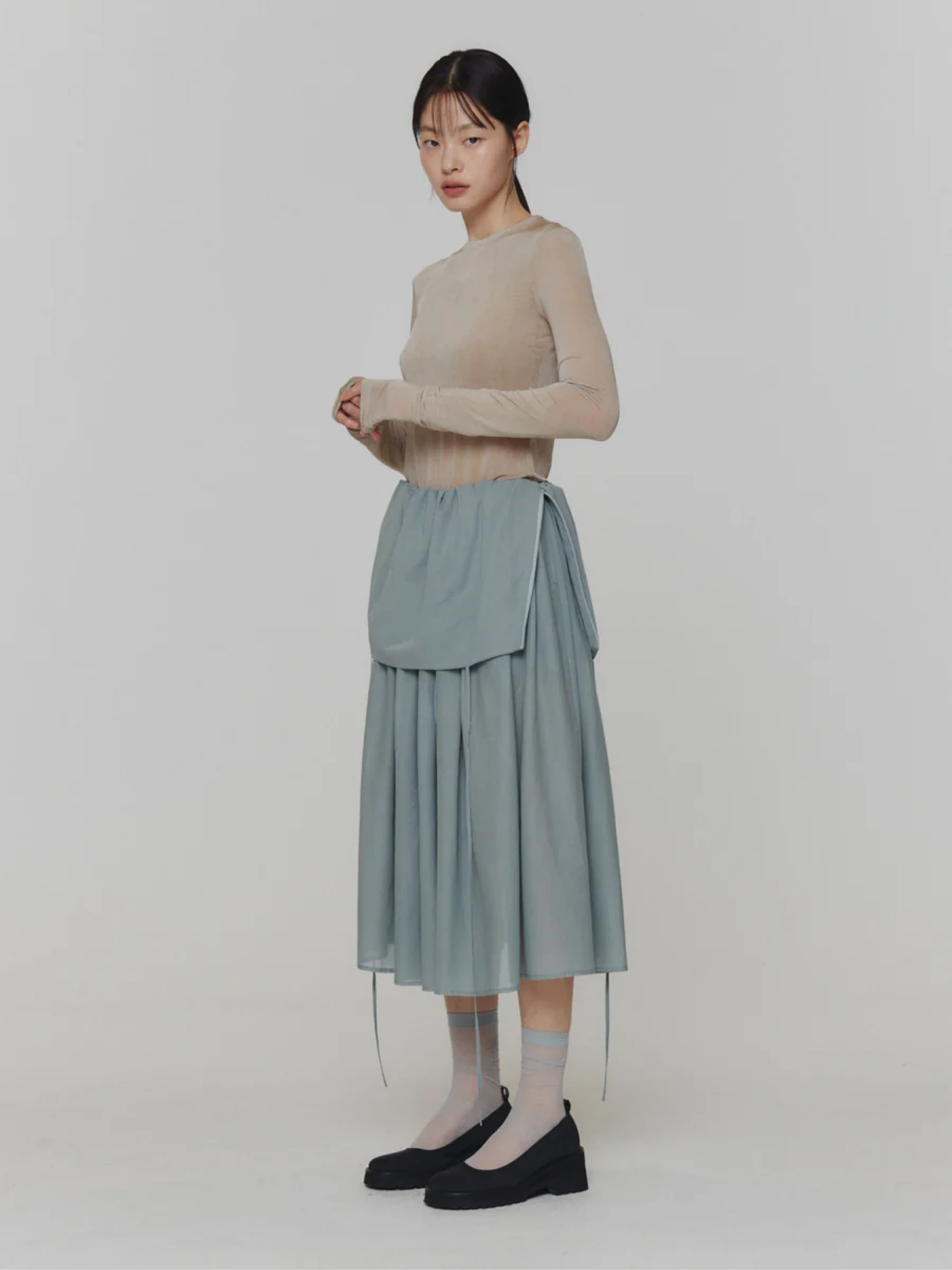 Женское платье AMOMENTO Sheer Shirring Long Dress Mint