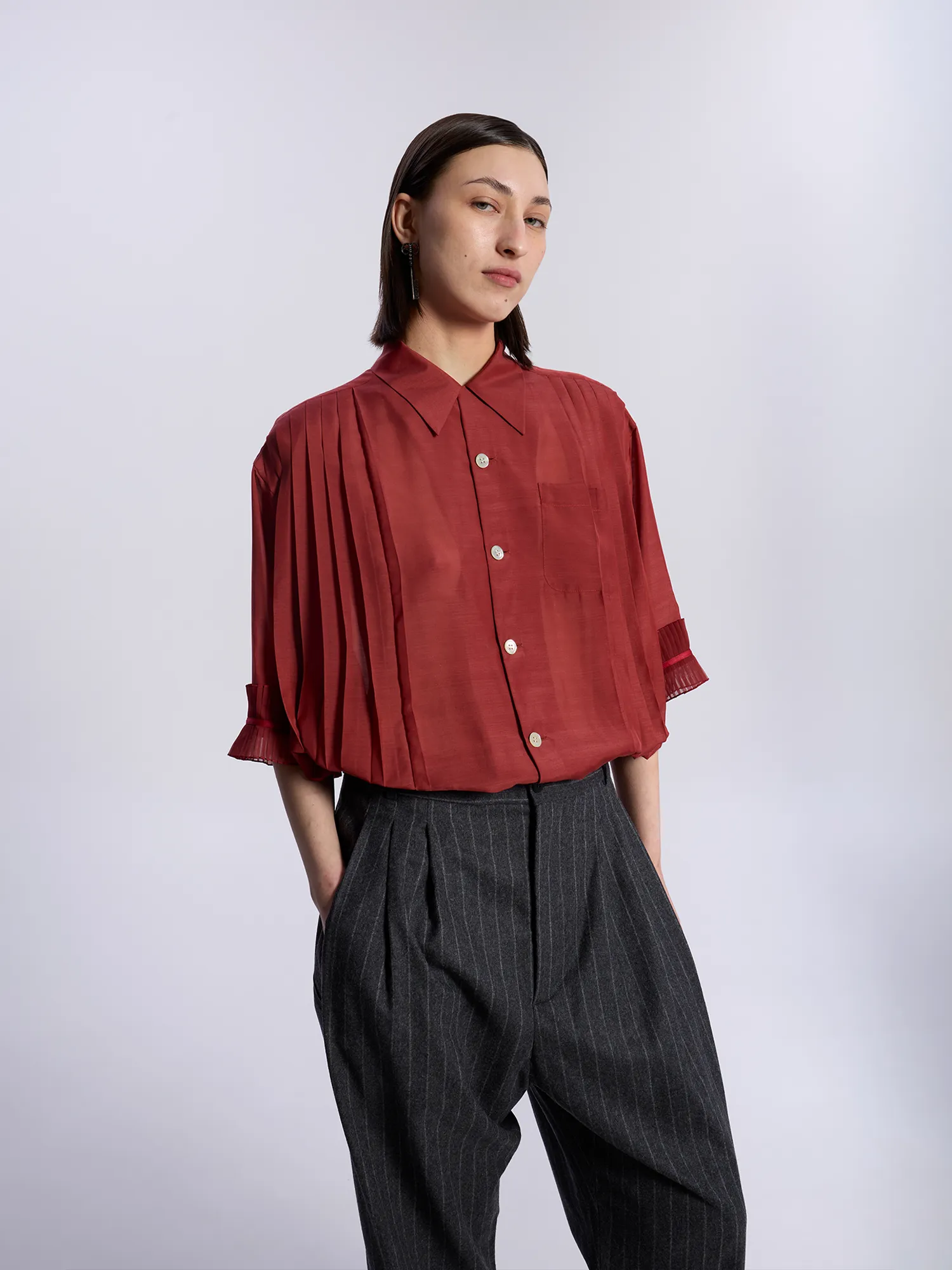 Женская рубашка UNDERCOVER Pleated Mix Open Collar Top Red