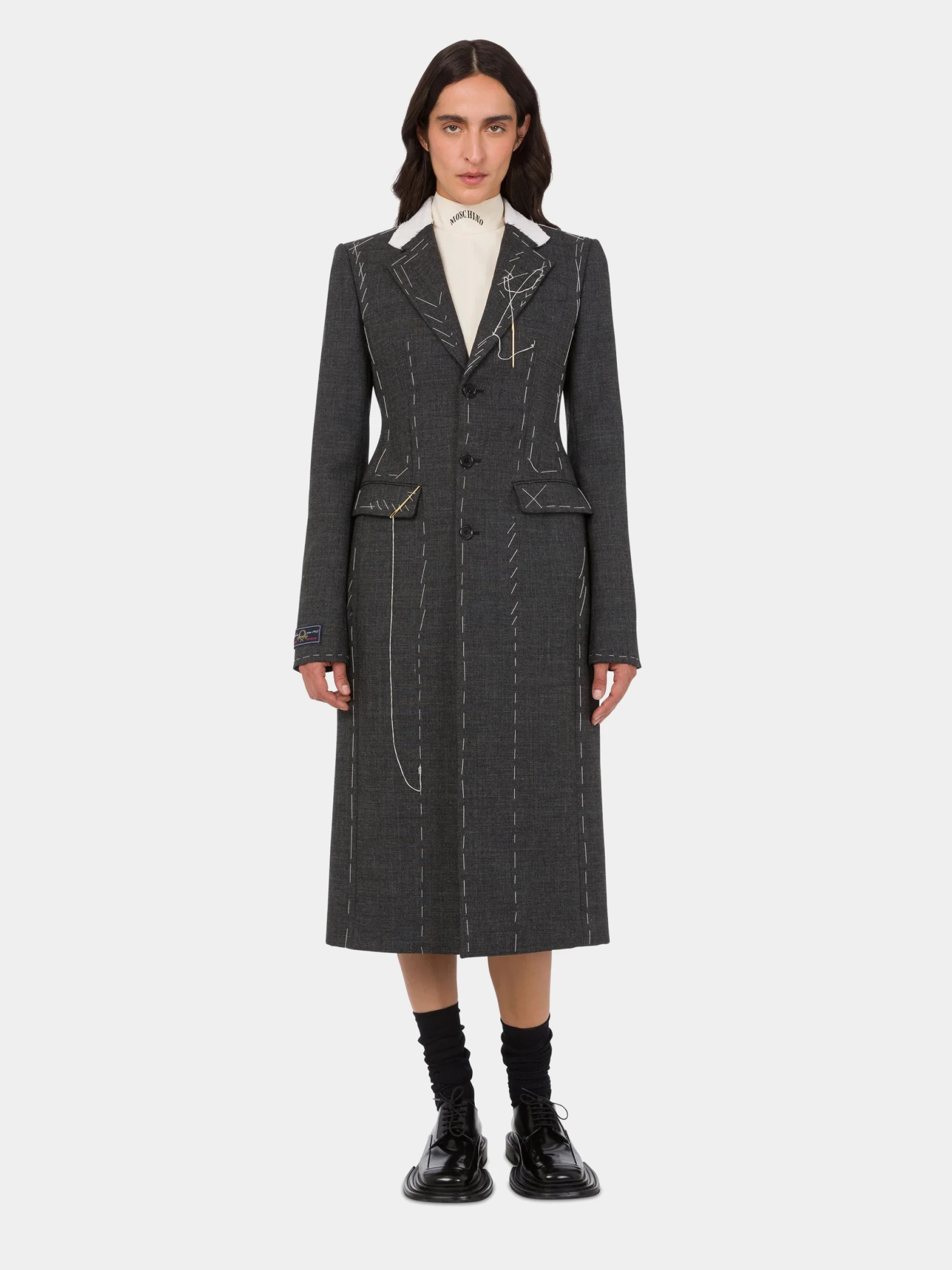Женское пальто MOSCHINO Embroidered Wool Canvas Grey