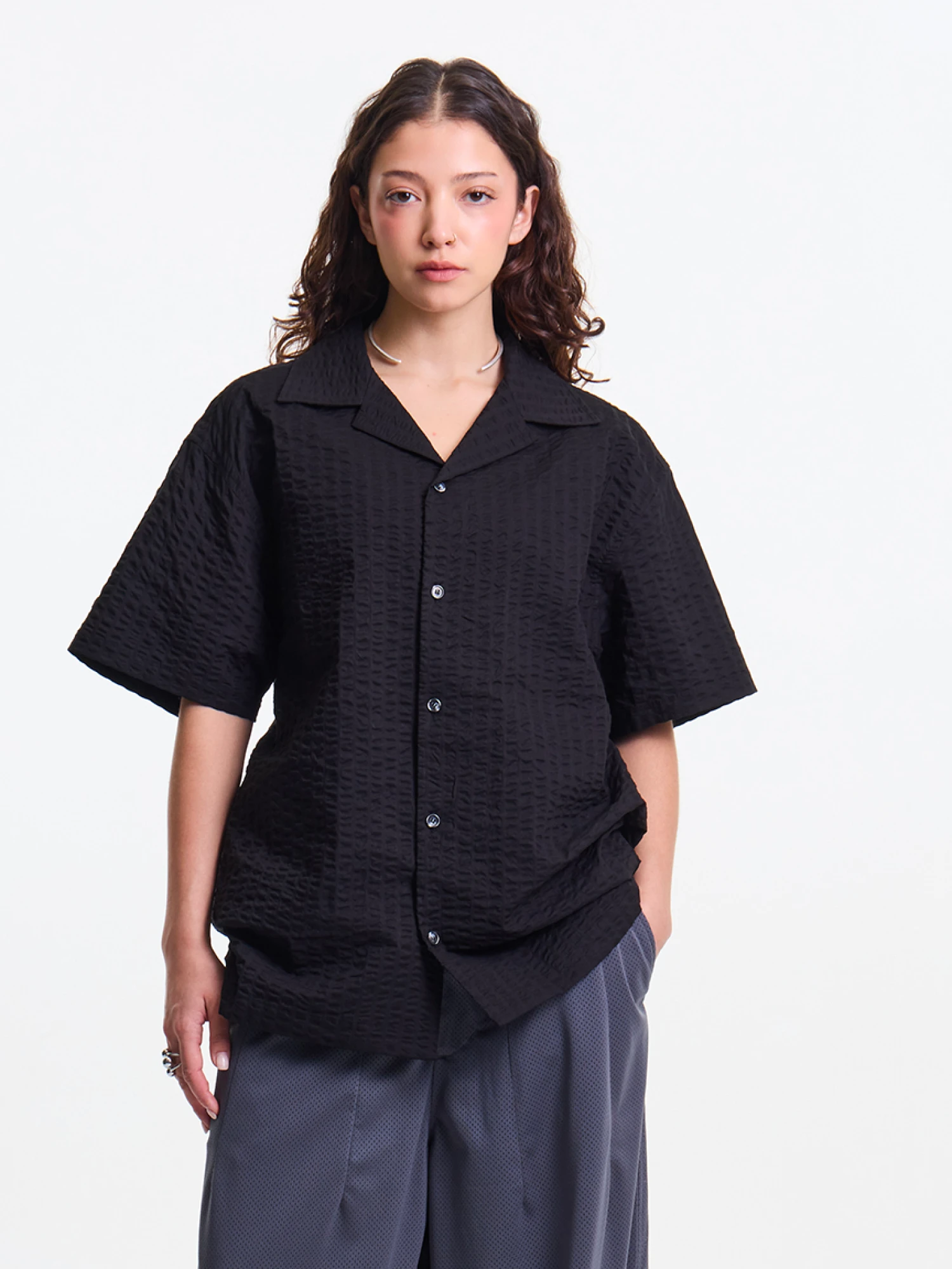Рубашка MERELY MADE Premium Wide Seersucker Cuban Collar Asphalt Black