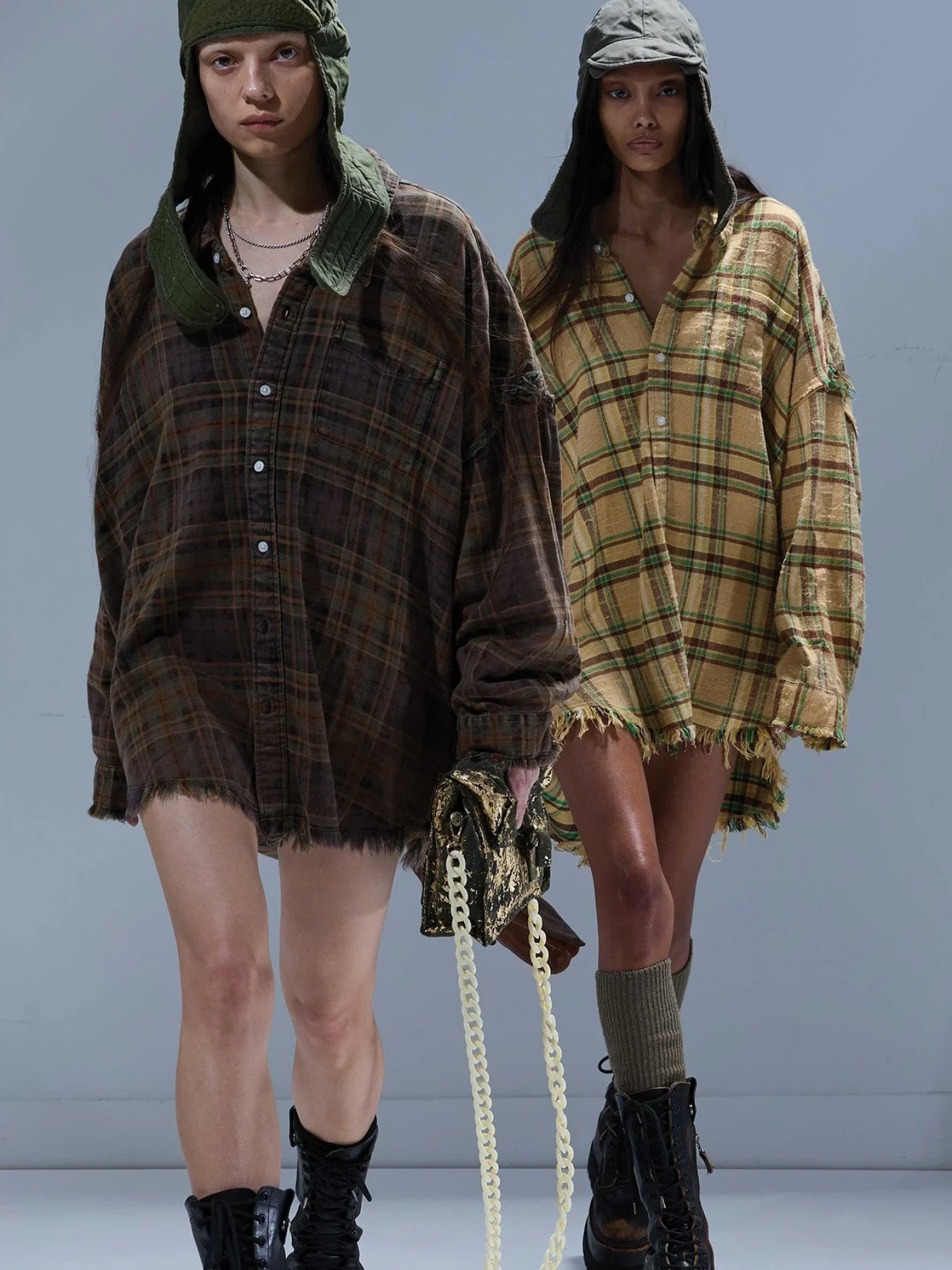 Женская рубашка R13 Shredded Seam Drop Neck Teal/Navy/Yellow Plaid