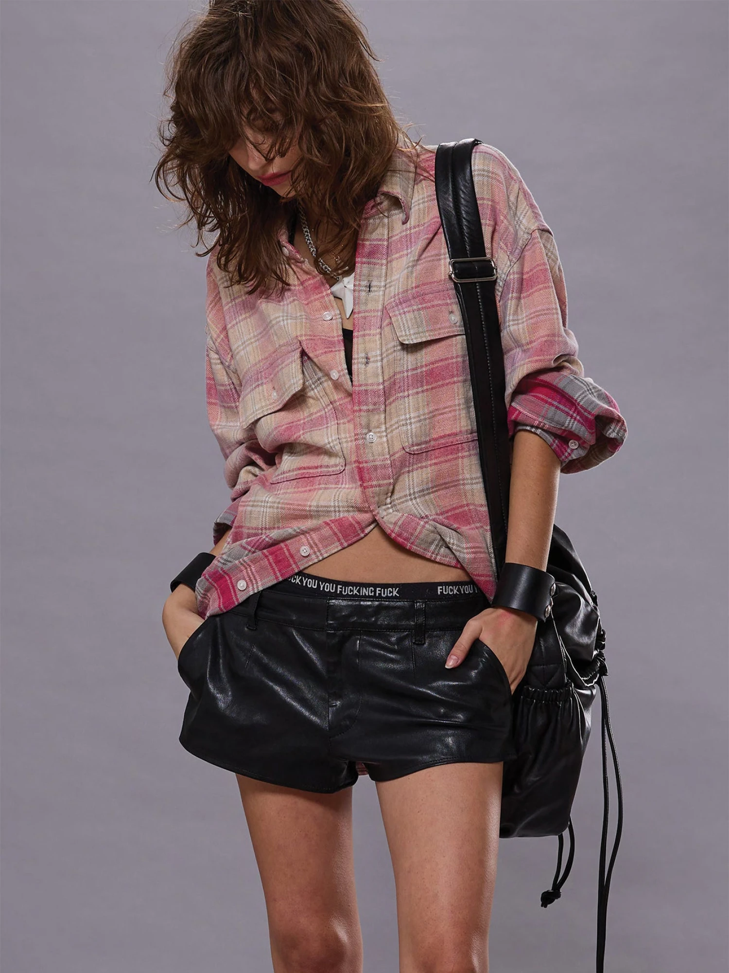 Женская рубашка R13 Relaxed Workshirt Pink Grey Plaid