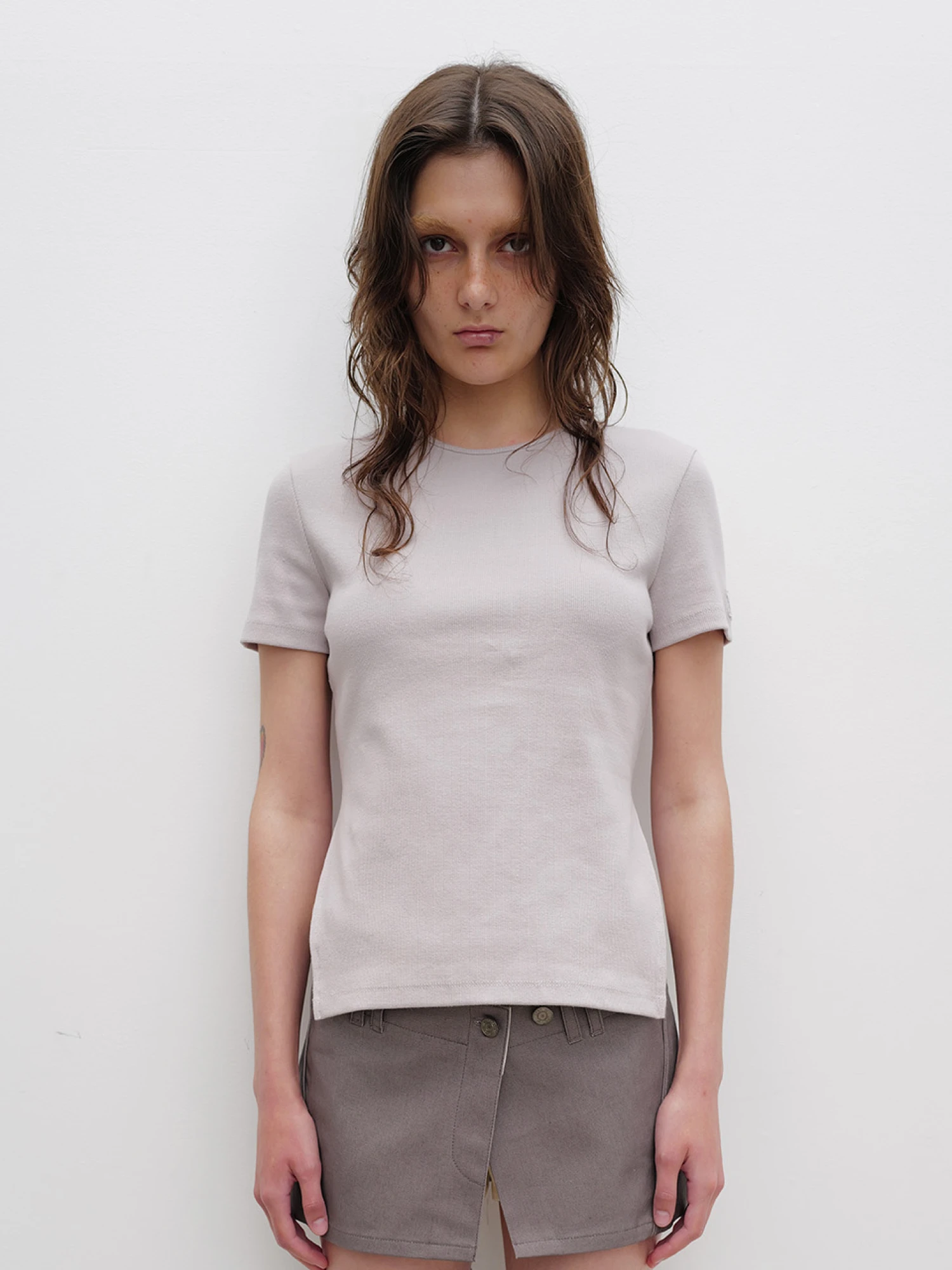 Женская Футболка OPEN YY Ribbed Side Slit Top Grey