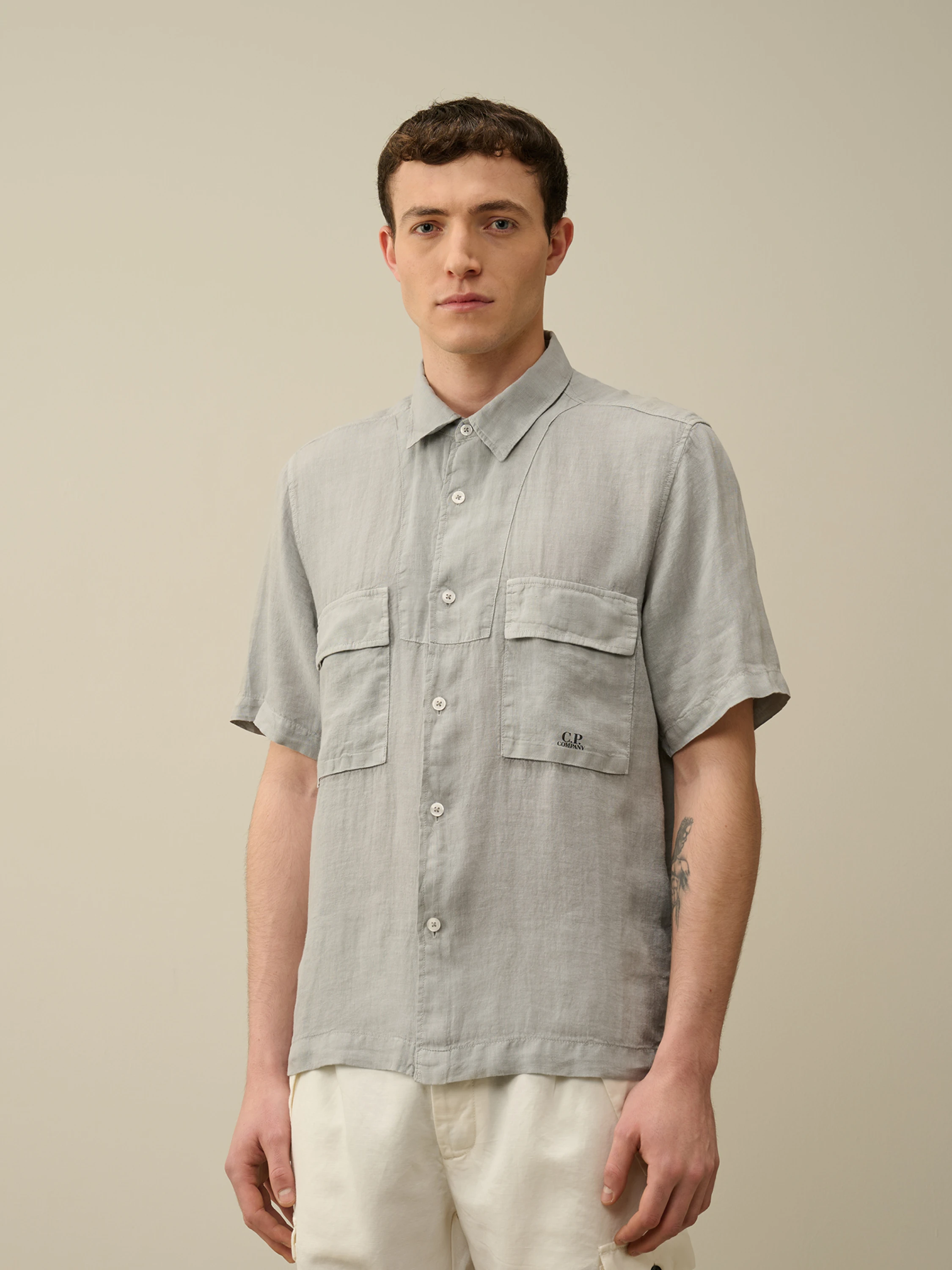 Рубашка C.P. Company Linen Short Sleeved Shirt Drizzle Grey