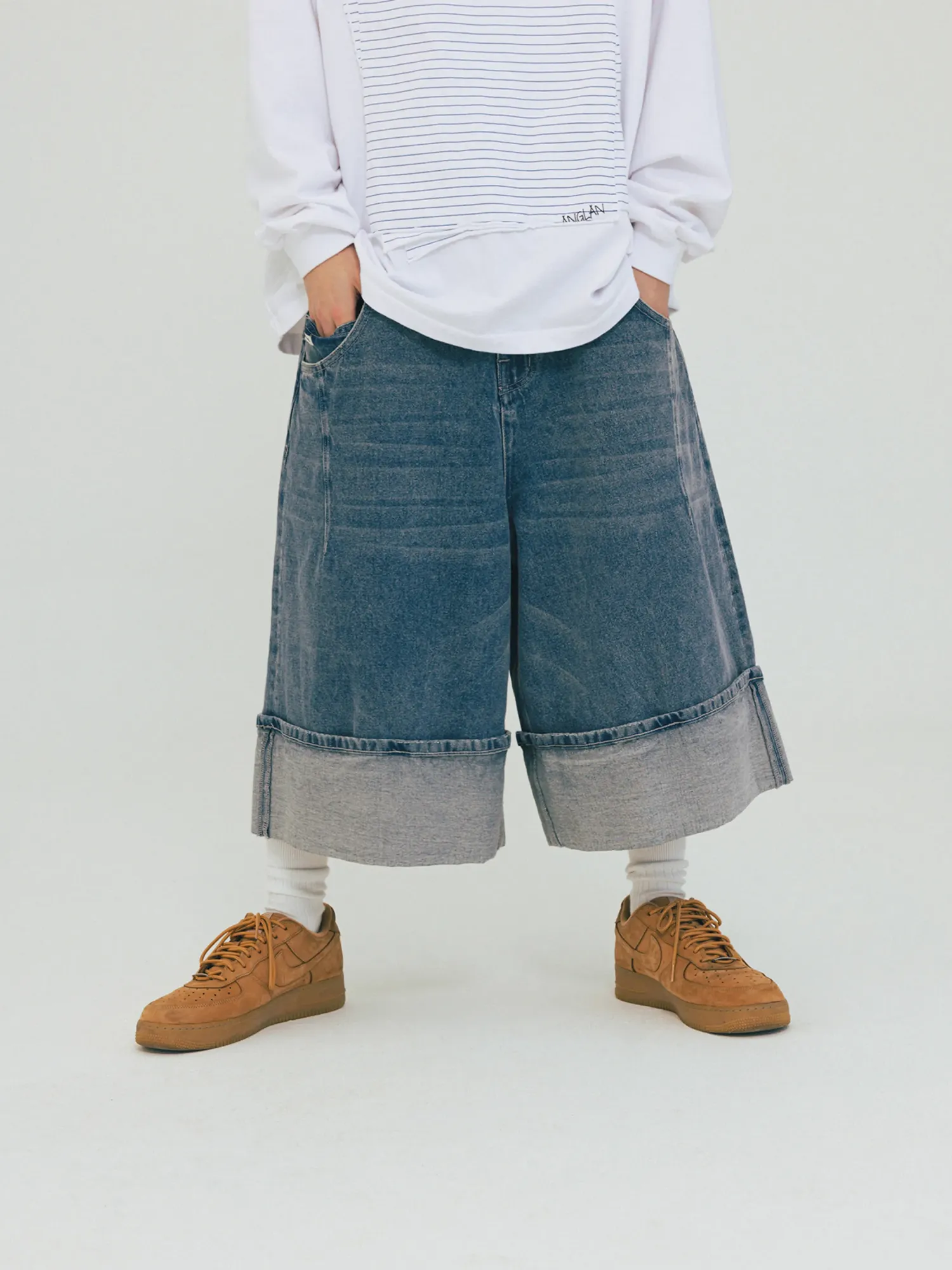 Шорты ANGLAN Turn-up Selvedge Denim Half Washed Blue