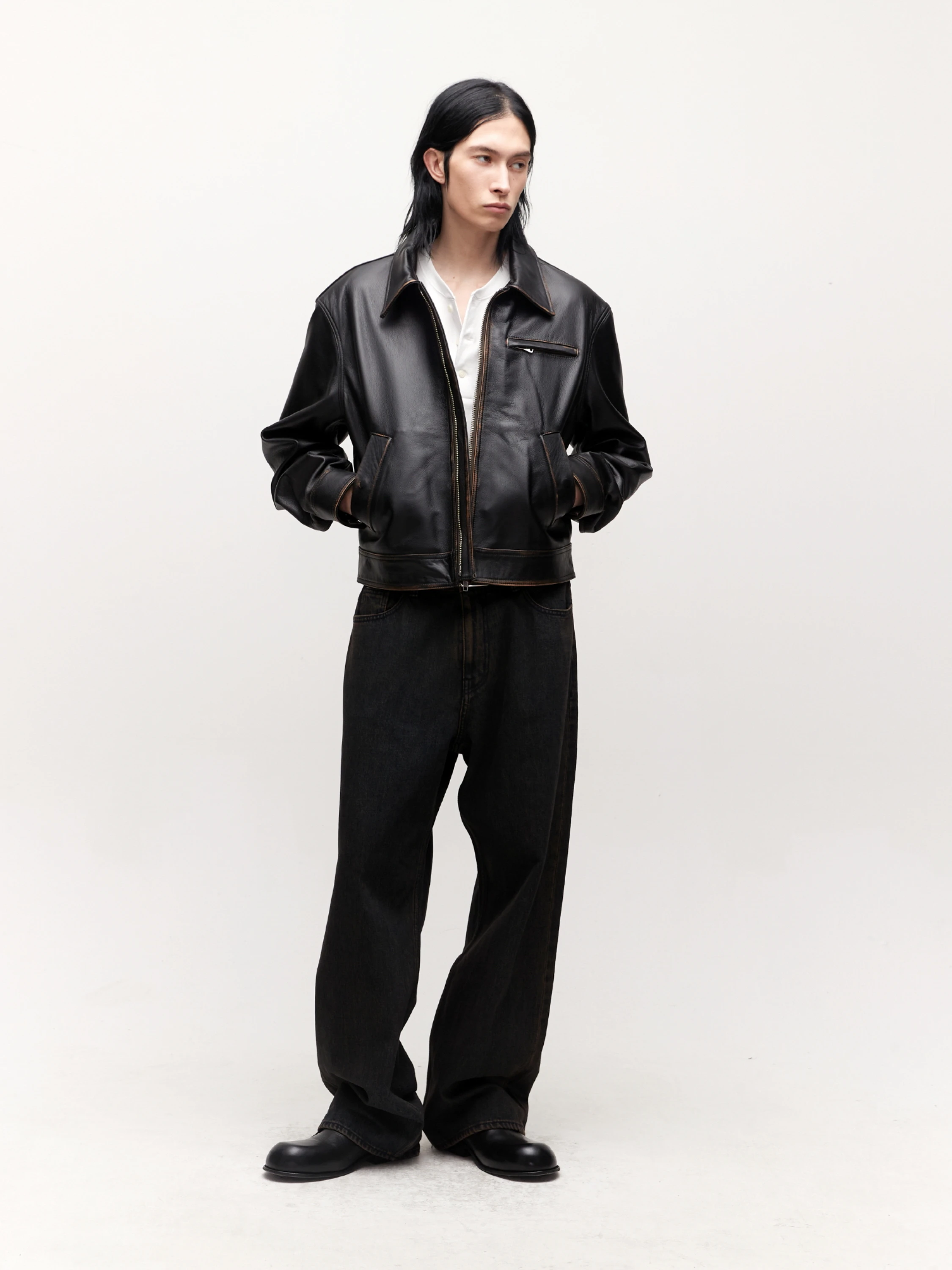 Куртка COOR Distressed Padded Leather Dark Brown