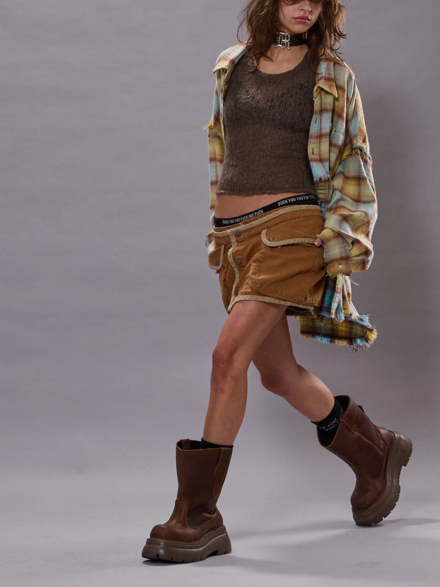 Женская рубашка R13 Shredded Seam Drop Neck Yellow Plaid