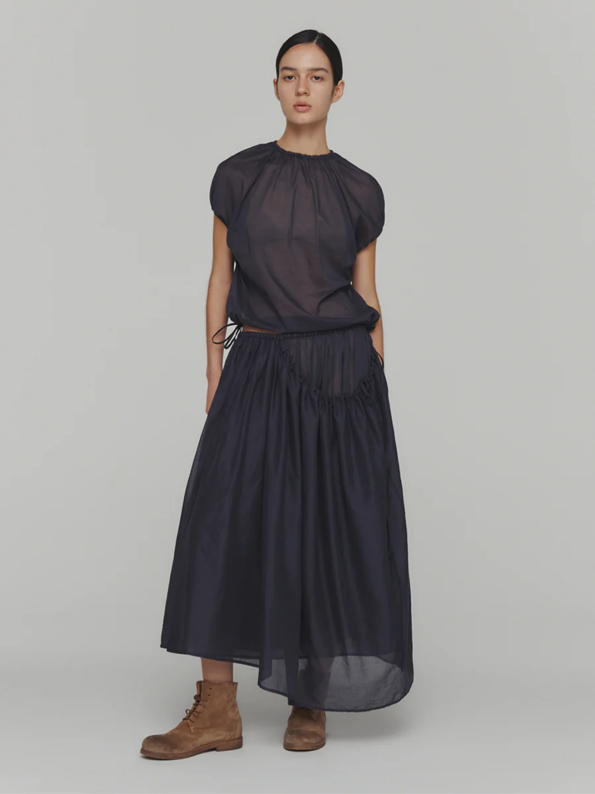 Женская юбка AMOMENTO Drawstring Sheer Shirring Skirt Navy