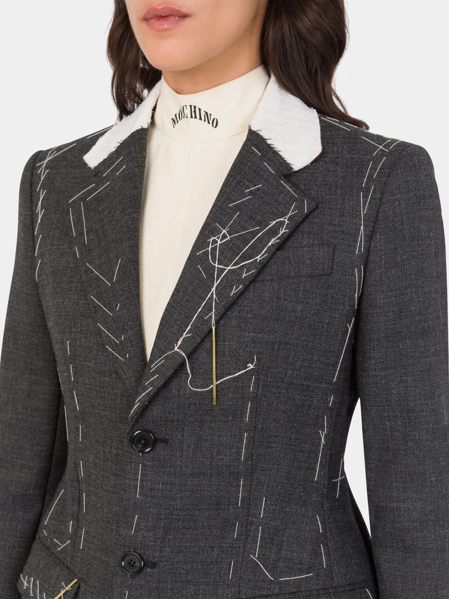 Женское пальто MOSCHINO Embroidered Wool Canvas Grey