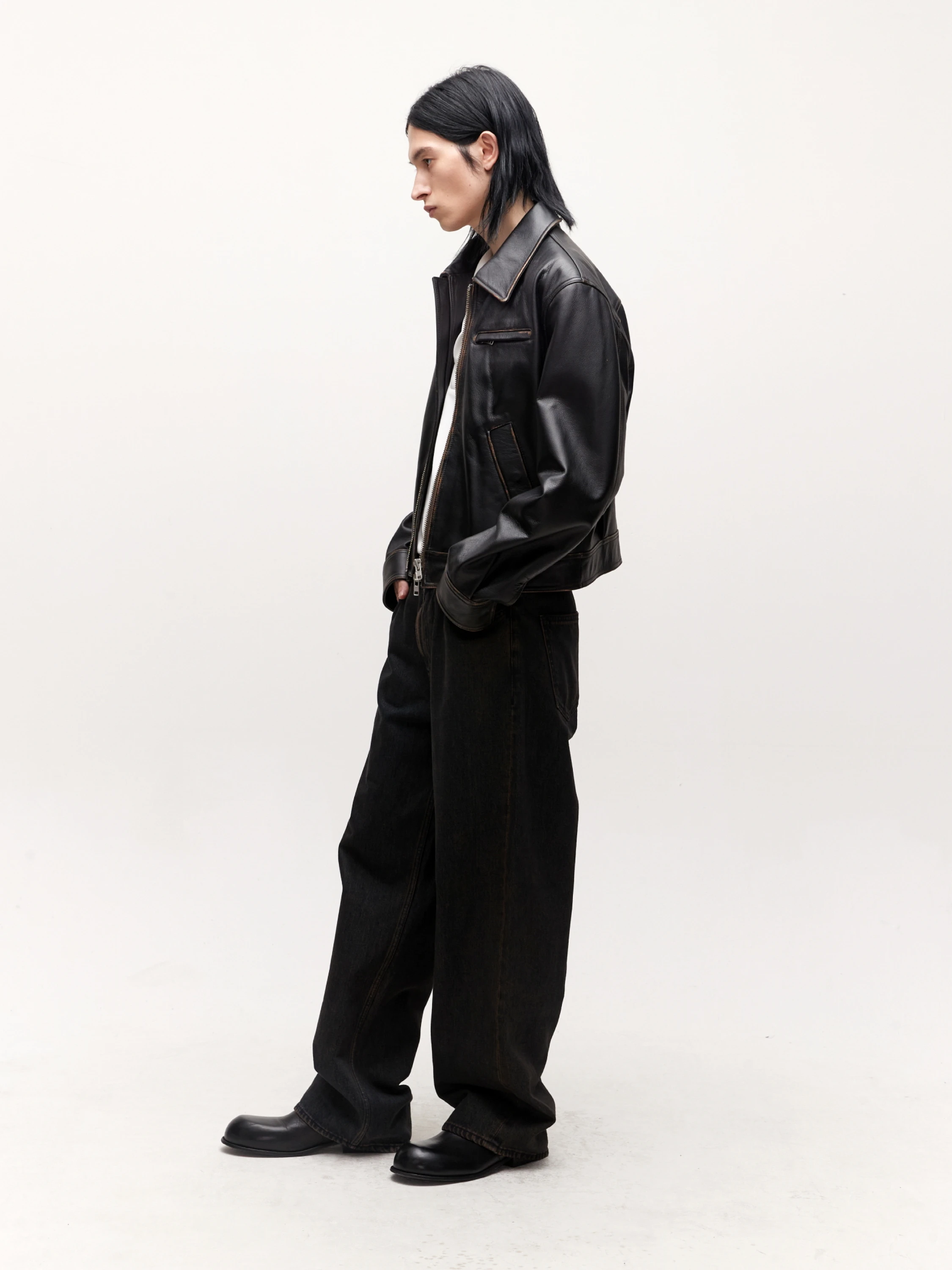 Куртка COOR Distressed Padded Leather Dark Brown