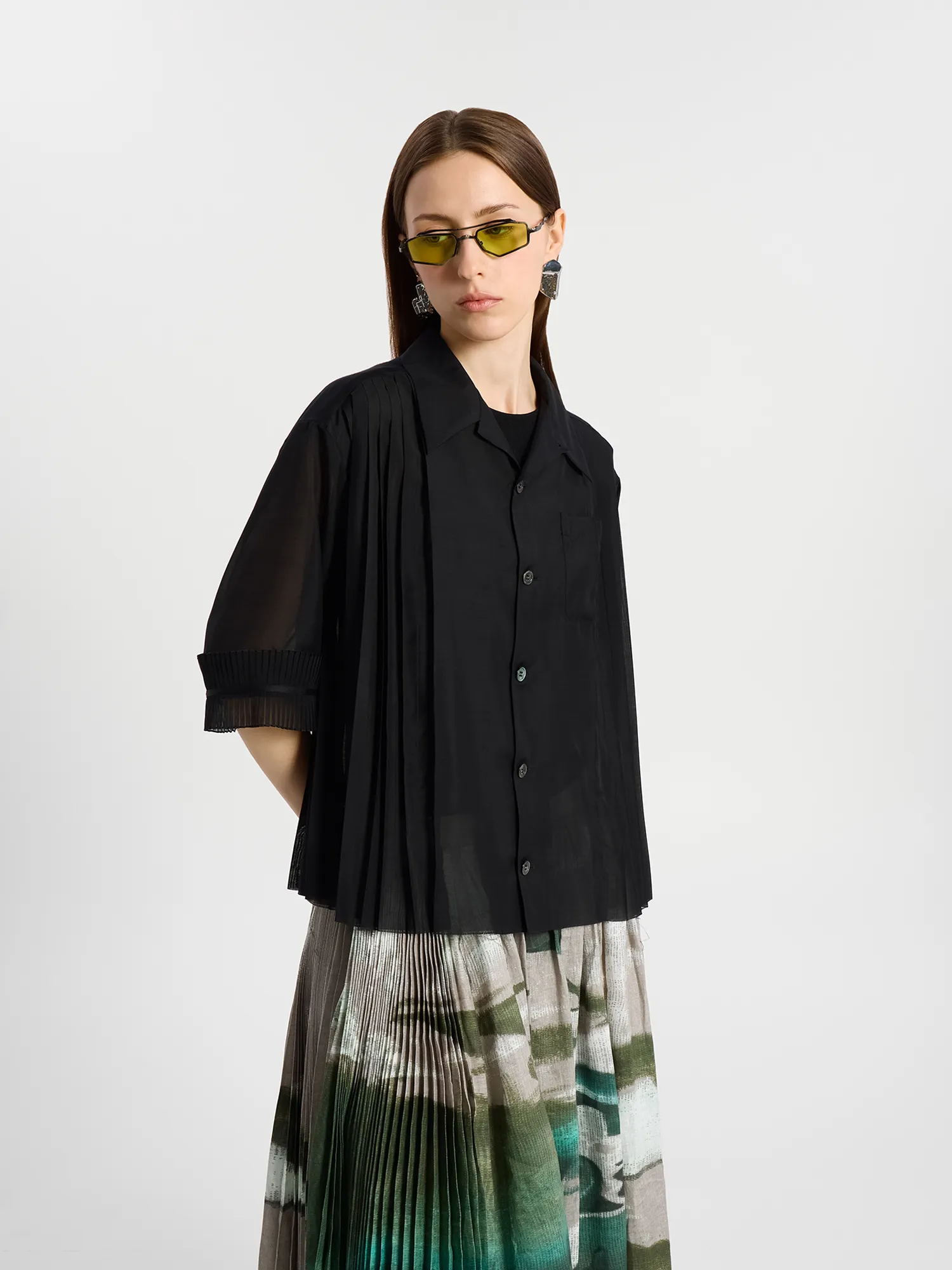 Женская рубашка UNDERCOVER Pleated Mix Open Collar Black