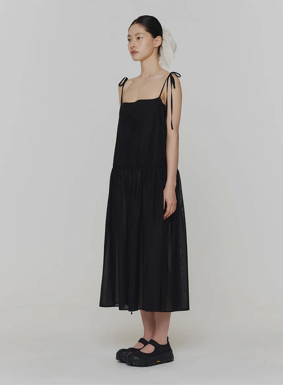 Женское платье AMOMENTO Sheer Shirring Long Dress Black