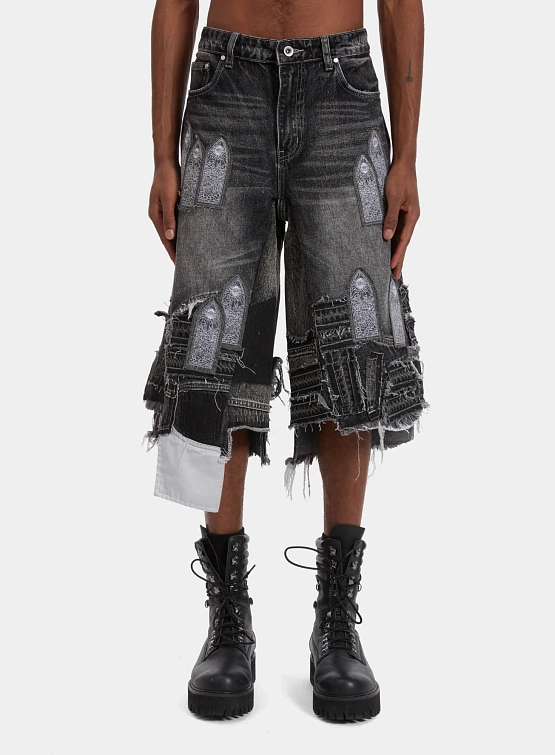 Шорты WHO DECIDES WAR Patched Arch Blowout Denim Vintage Grey
