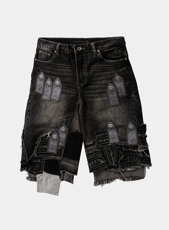 Шорты WHO DECIDES WAR Patched Arch Blowout Denim Vintage Grey