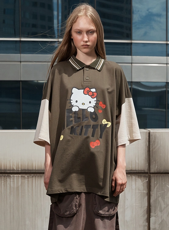 Футболка OPEN YY Kitty x YY Collared T-Shirt Khaki