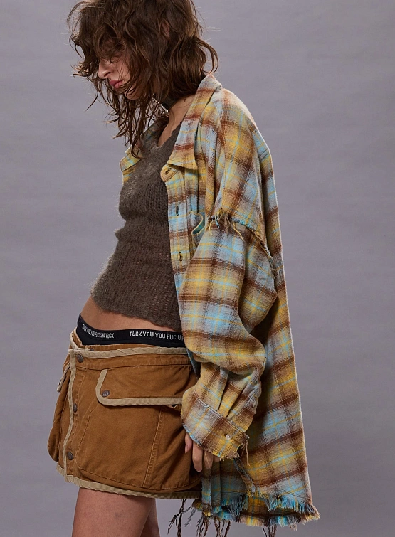 Женская рубашка R13 Shredded Seam Drop Neck Yellow Plaid