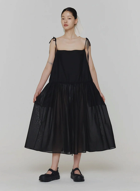 Женское платье AMOMENTO Sheer Shirring Long Dress Black