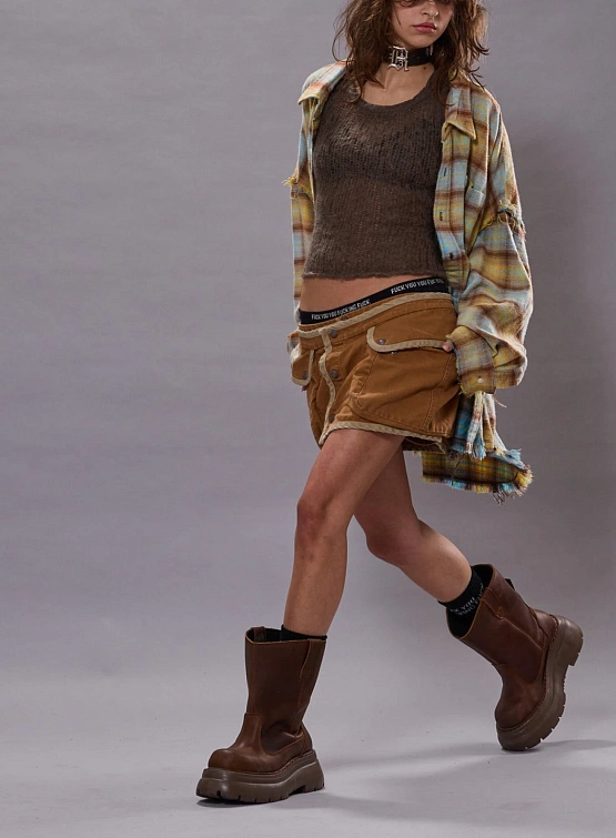 Женская рубашка R13 Shredded Seam Drop Neck Yellow Plaid