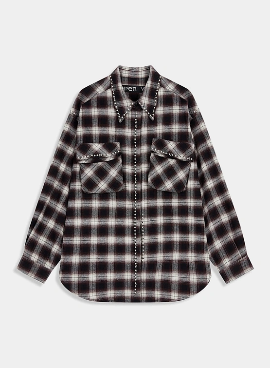 Женская рубашка OPEN YY Beaded Pocket Brown