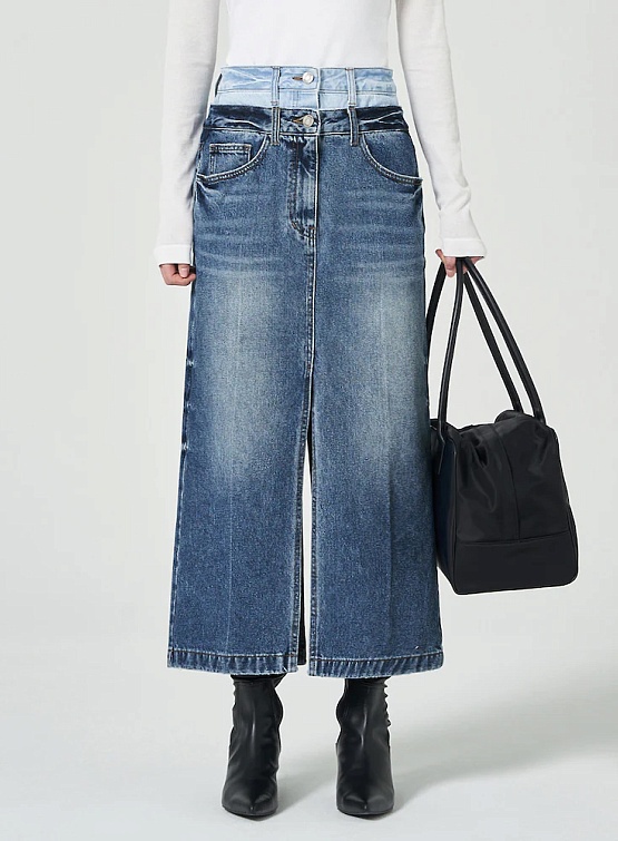 Женская юбка JUUN.J Double Waist Long Denim Skirt Sky Blue