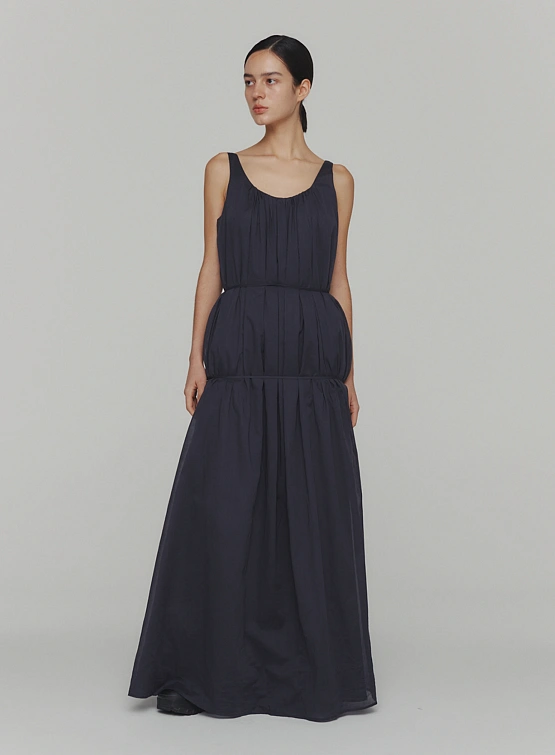 Женское платье Neck Shirring Sheer Long Dress Navy